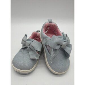 Stride Rite Toddler Girls Silver Bow Shoes Size 4 With Pink Lining And Wide Fit